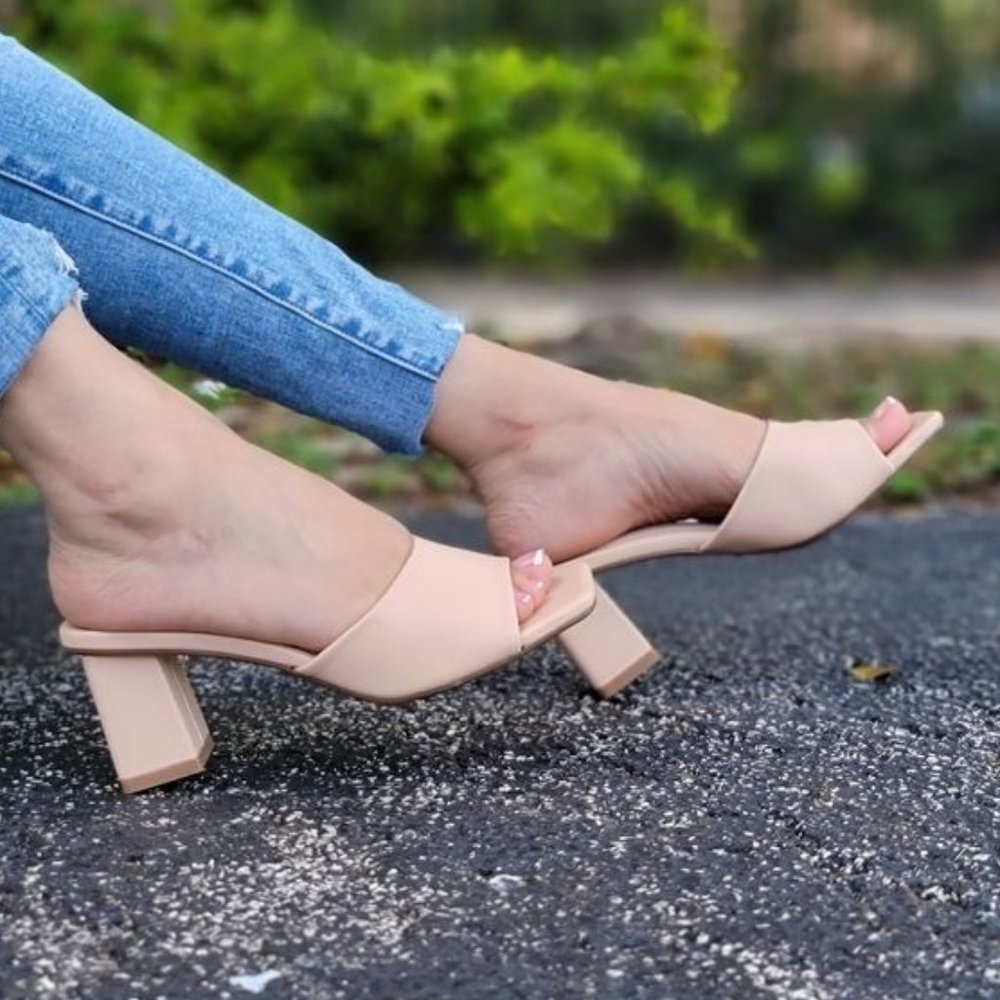 Women Square Toe Sandals Slip On Nude Color